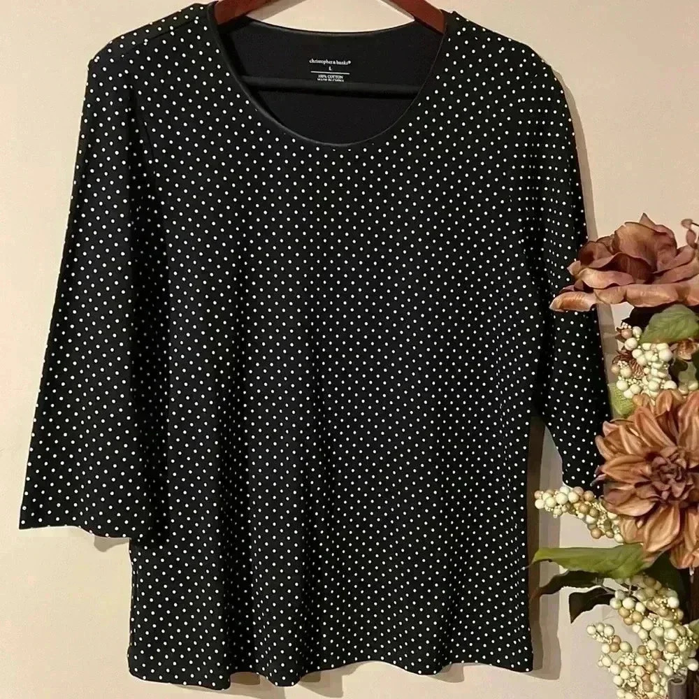 Christopher & Banks Top Polka Dot 3/4 Sleeve Scoop Neck Cotton Women’s L